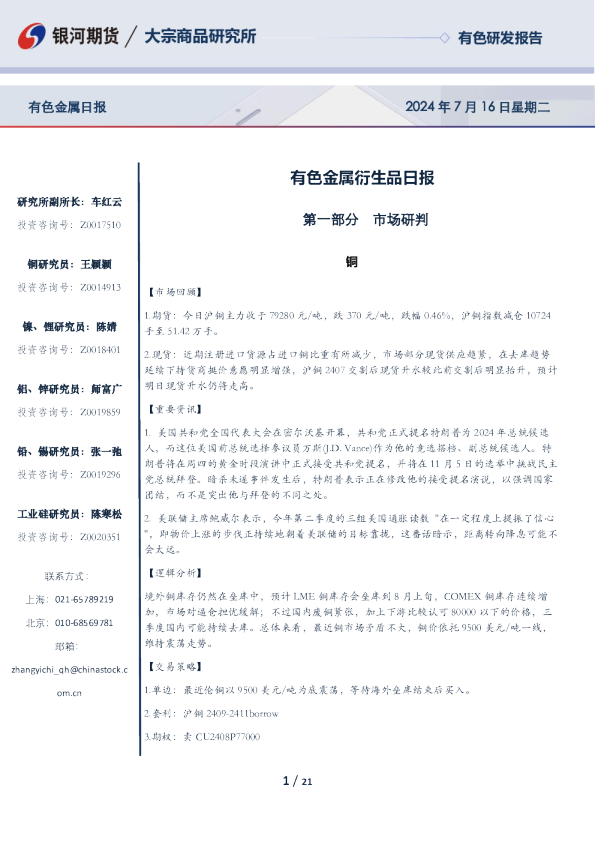 有色金属衍生品日报