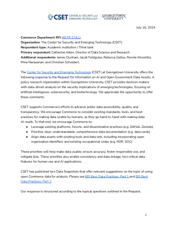 商务部 RFI 89 FR 27411 的评论