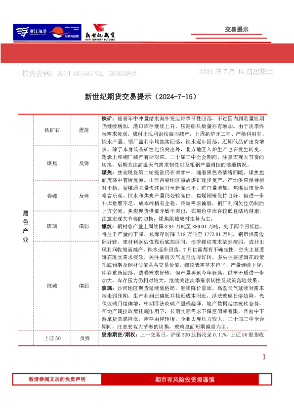 新世纪期货交易提示（2024-7-16）