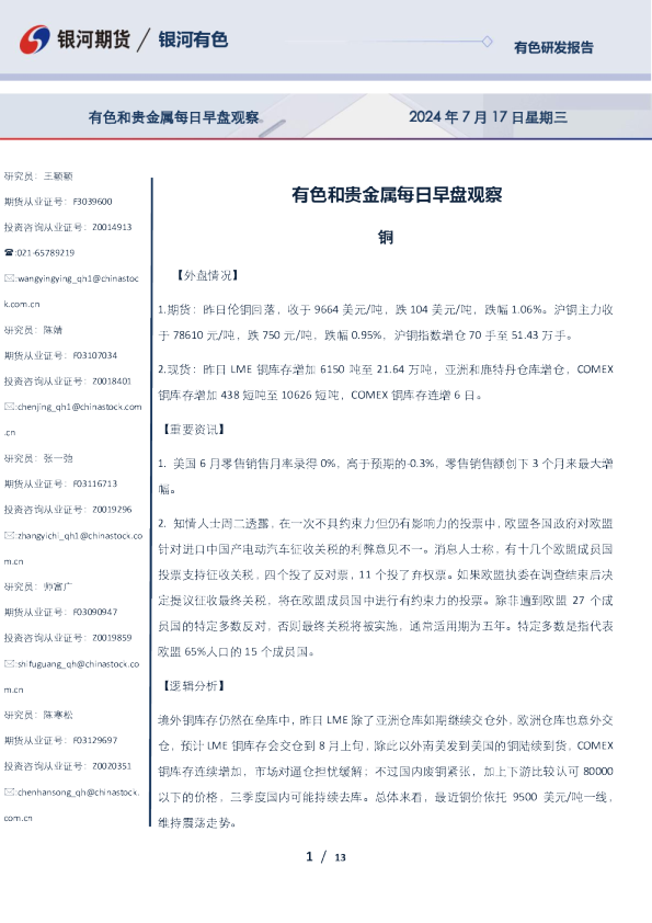 有色和贵金属每日早盘观察