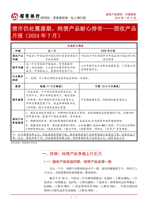 固收产品月报（2024年7月）：债市仍处震荡期，纯债产品耐心持有