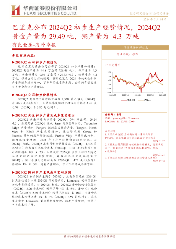 有色金属海外季报:巴里克公布2024Q2初步生产经营情况,2024Q2黄金产量为29.49吨,铜产量为4.3万吨