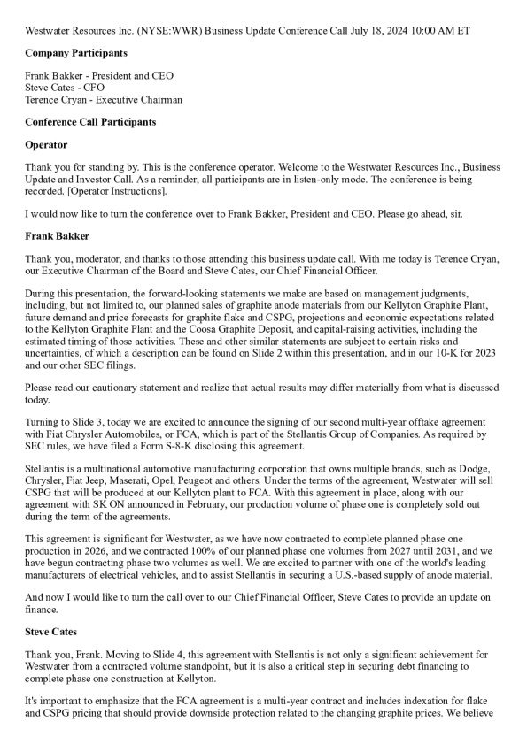 Westwater Resources Inc. ( WWR ) 业务更新电话会议记录