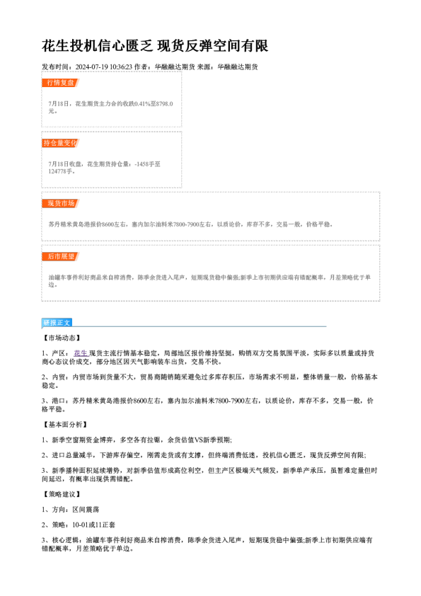 花生投机信心匮乏 现货反弹空间有限