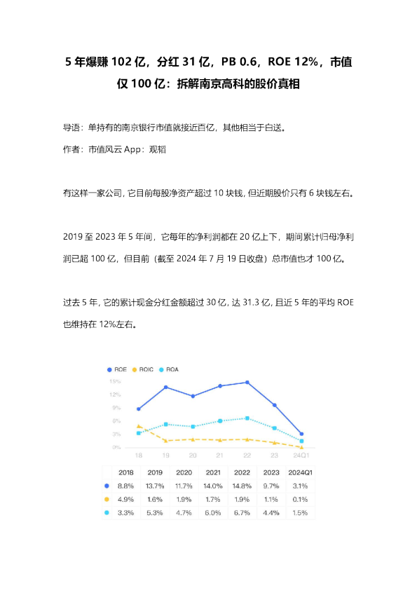 5年爆赚102亿，分红31亿，PB 0.6，ROE 12%，市值仅100亿：拆解南京高科的股价真相