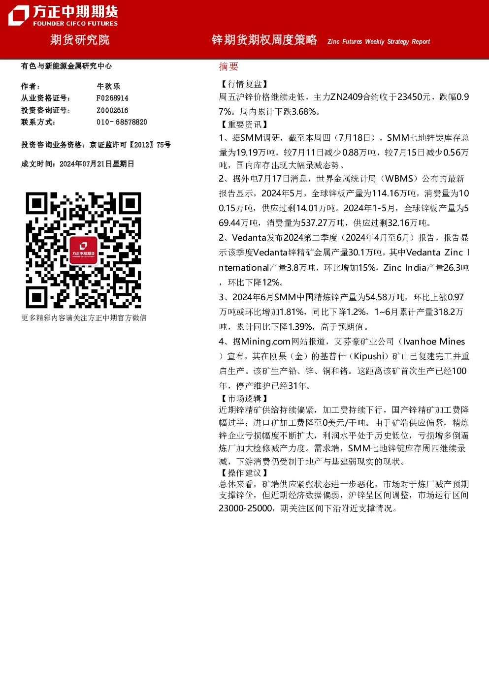 锌期货期权周度策略