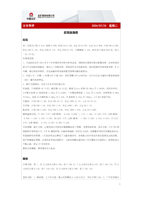 五矿期货文字早评