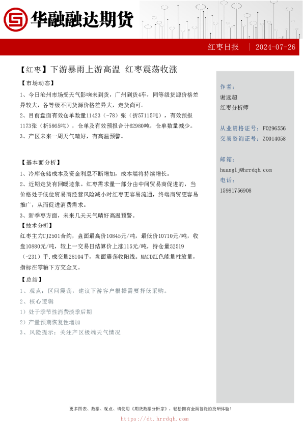 红枣日报-下游暴雨上游高温 红枣震荡收涨