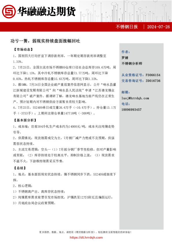 不锈钢日报-功亏一篑，弱现实持续盘面涨幅回吐