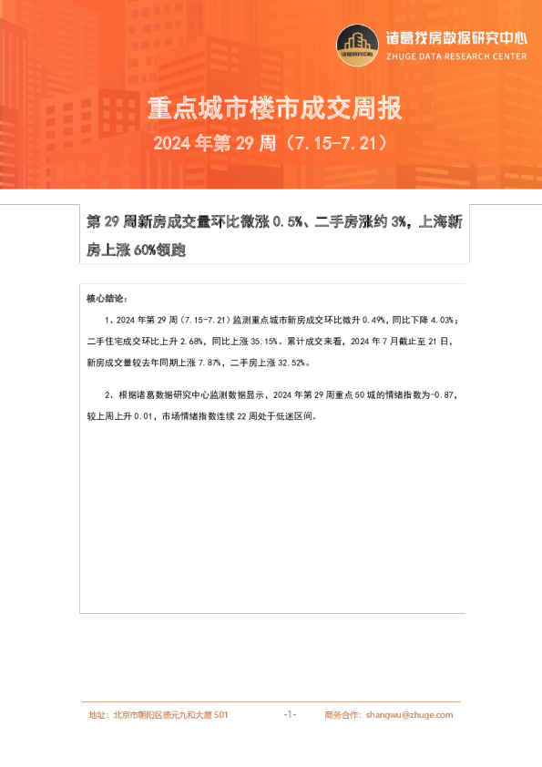 房地产行业重点城市楼市成交周报2024年第29周（7.15~7.21）：第29周新房成交量环比微涨0.5%、二手房涨约3%，上海新房上涨60%领跑
