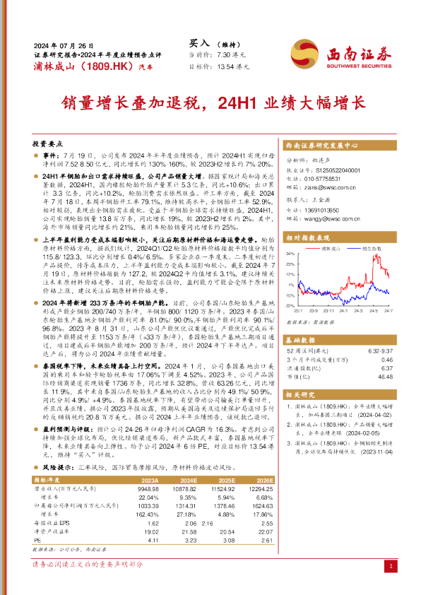 销量增长叠加退税，24H1业绩大幅增长