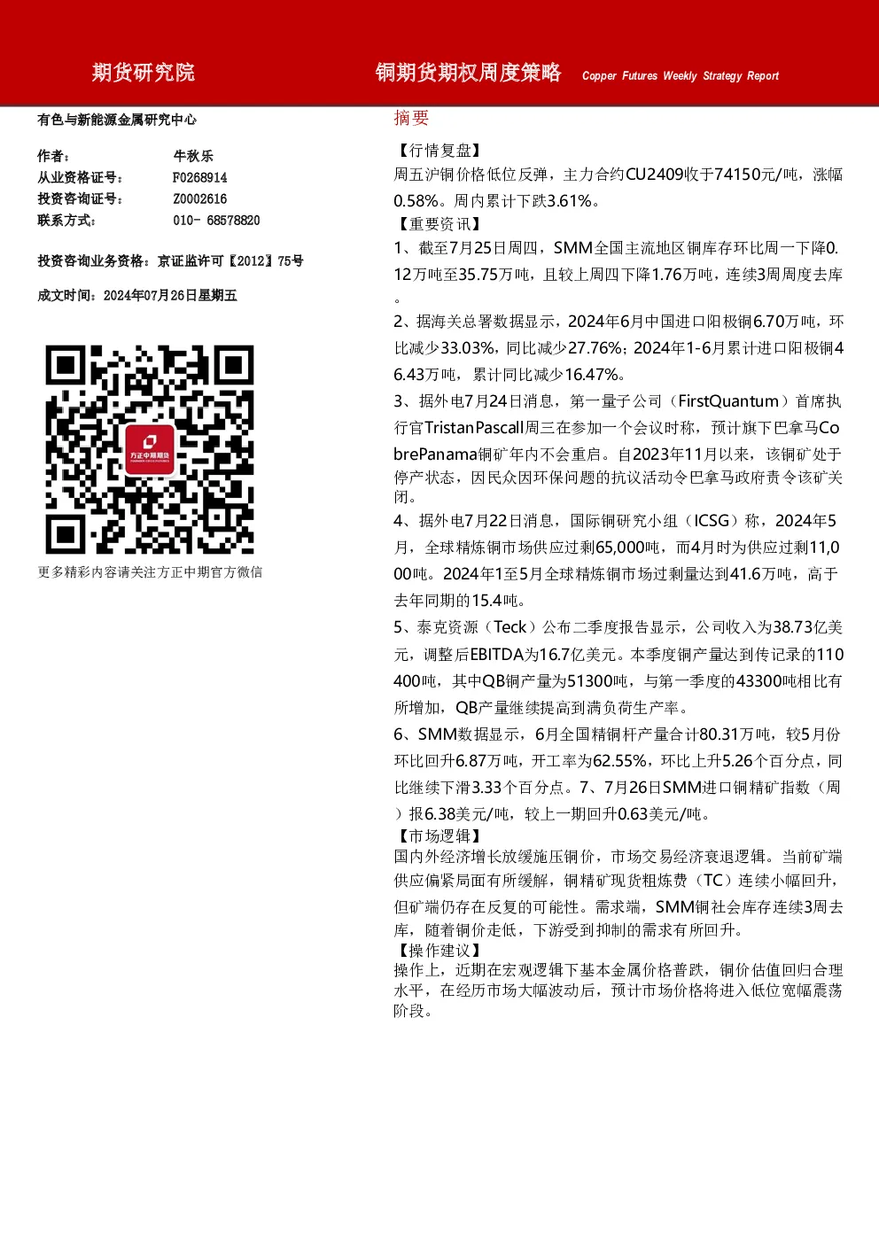 铜期货期权周度策略