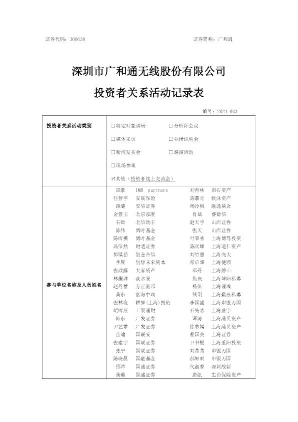 广和通投资者关系管理信息