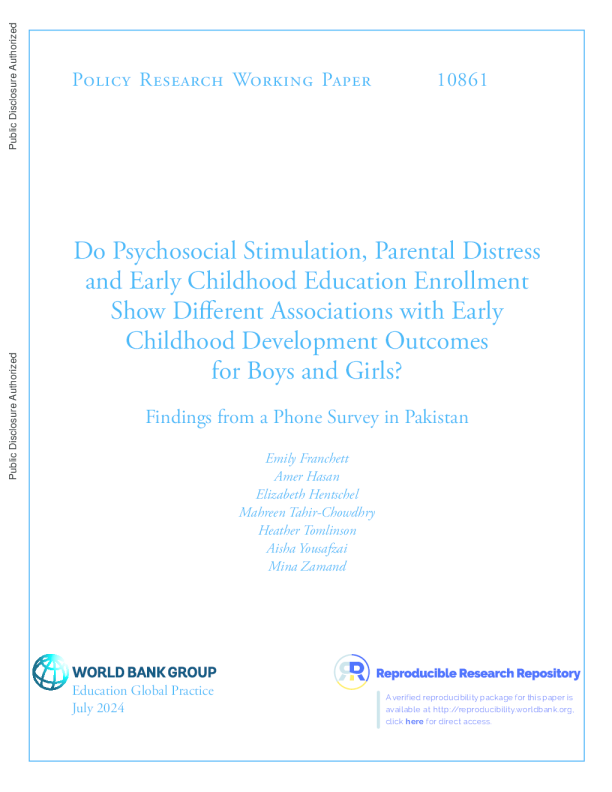 心理社会刺激 ， 父母困扰和幼儿教育入学是否与男孩和女孩的幼儿发展结果有不同的关联 ？ 巴基斯坦电话调查的结果