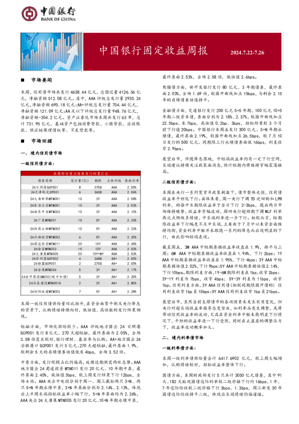 固定收益周报2024年7月29日
