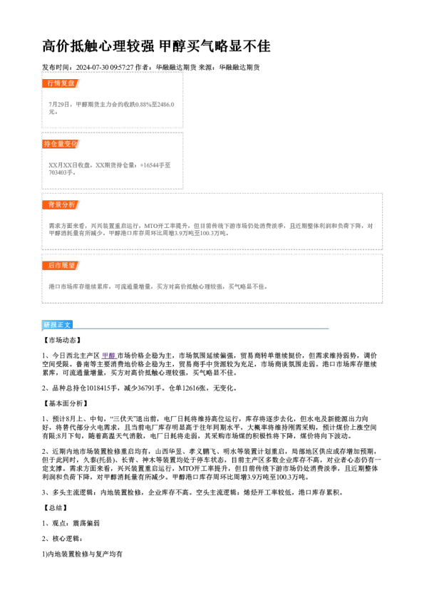 高价抵触心理较强 甲醇买气略显不佳