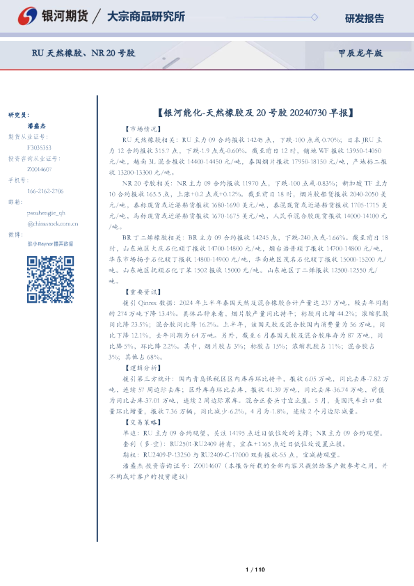 银河期货-RU天然橡胶、NR20号胶早报