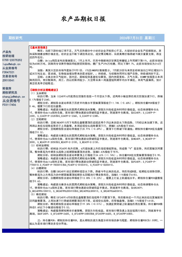 农产品期权日报