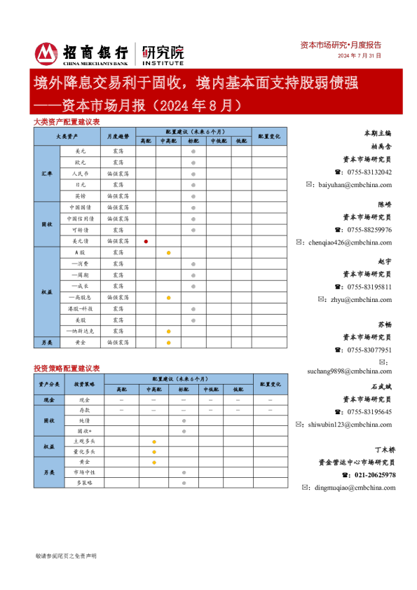 资本市场月报（2024年8月）：境外降息交易利于固收，境内基本面支持股弱债强