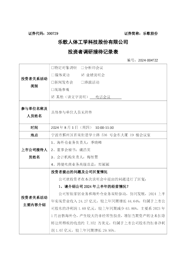 乐歌股份投资者关系管理信息