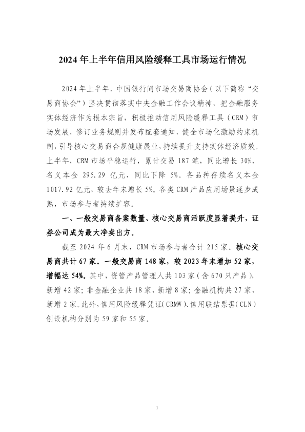 2024年上半年信用风险缓释工具市场运行情况