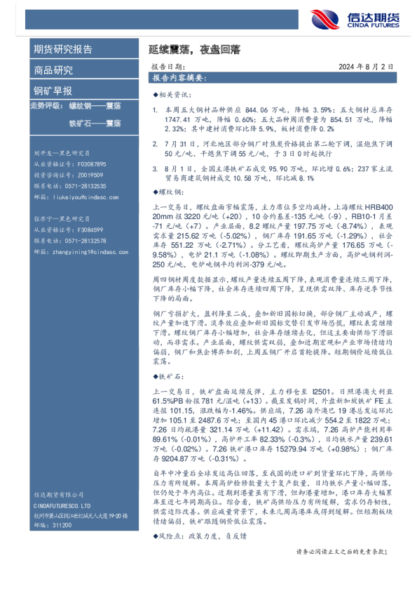钢矿早报：延续震荡，夜盘回落