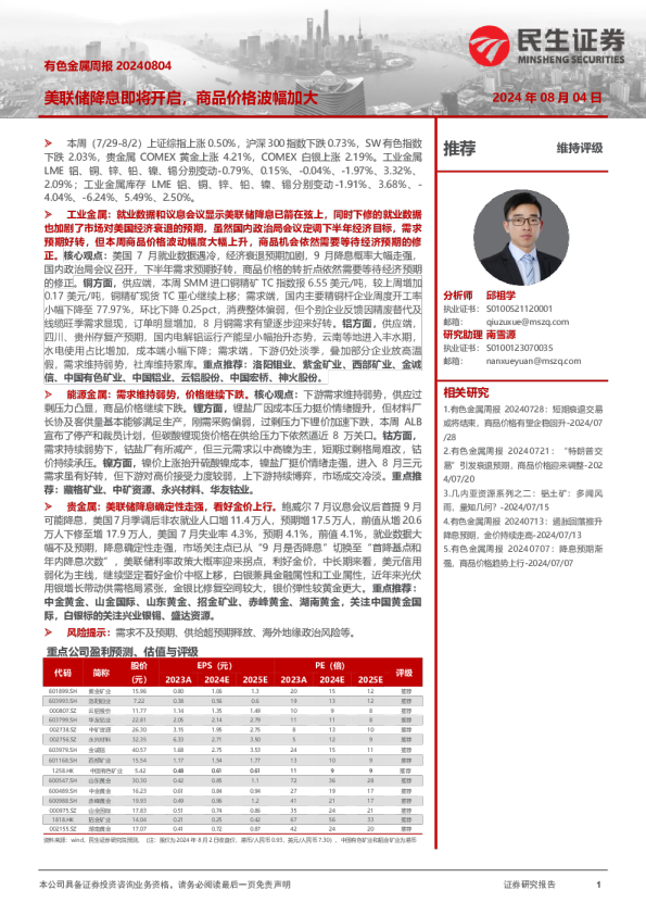 有色金属周报：美联储降息即将开启，商品价格波幅加大