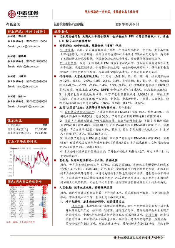降息预期进一步升温，重视贵金属主线行情
