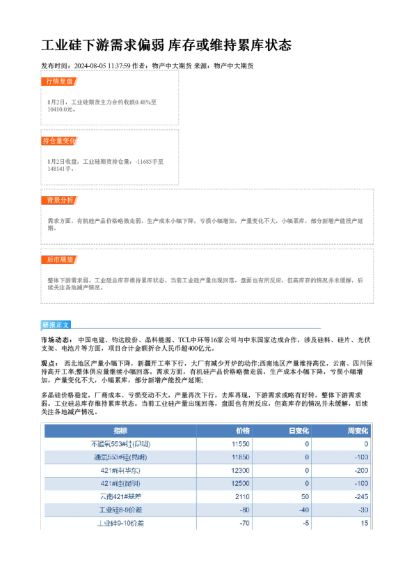 工业硅下游需求偏弱 库存或维持累库状态