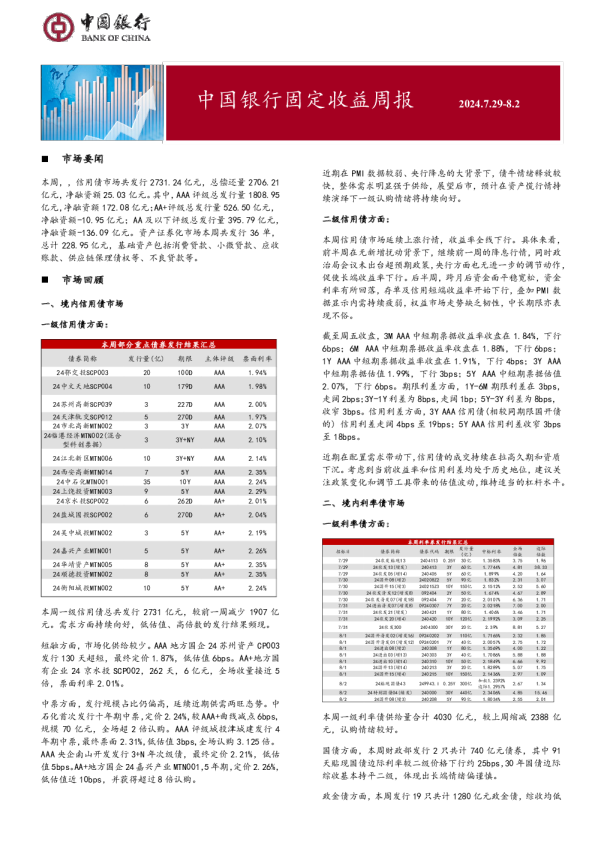 固定收益周报2024年8月5日