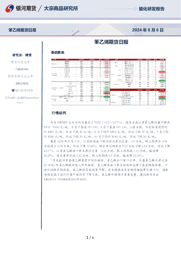 苯乙烯期货日报