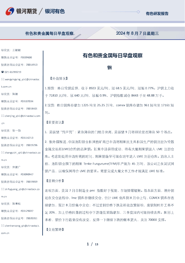 有色和贵金属每日早盘观察