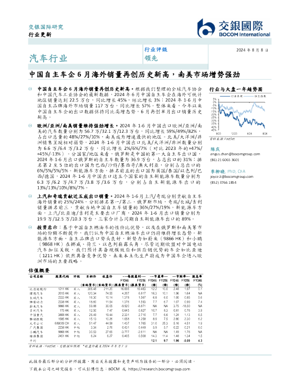 汽车行业更新：中国自主车企6月海外销量再创历史新高，南美市场增势强劲