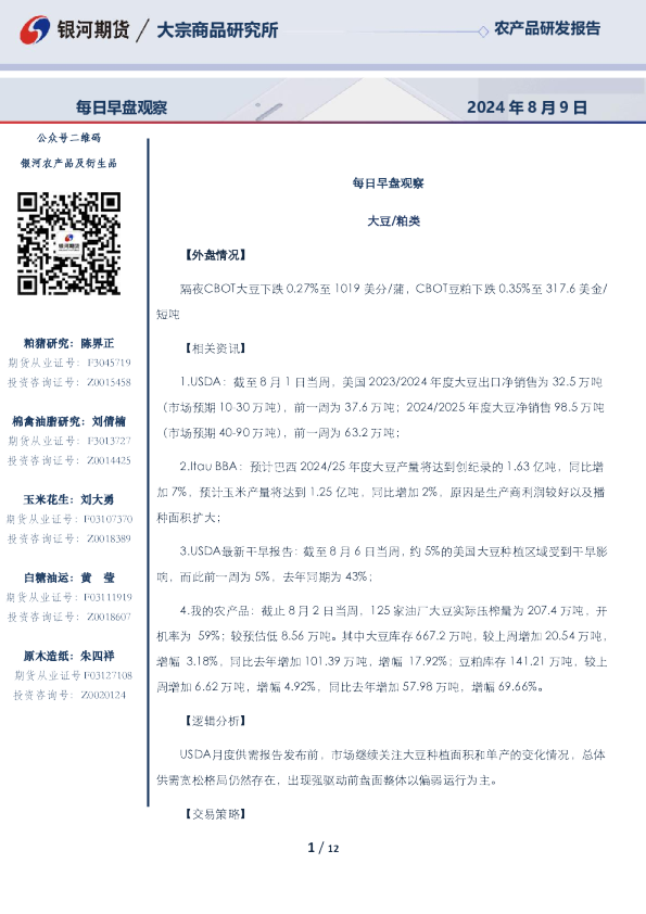 银河期货每日早盘观察