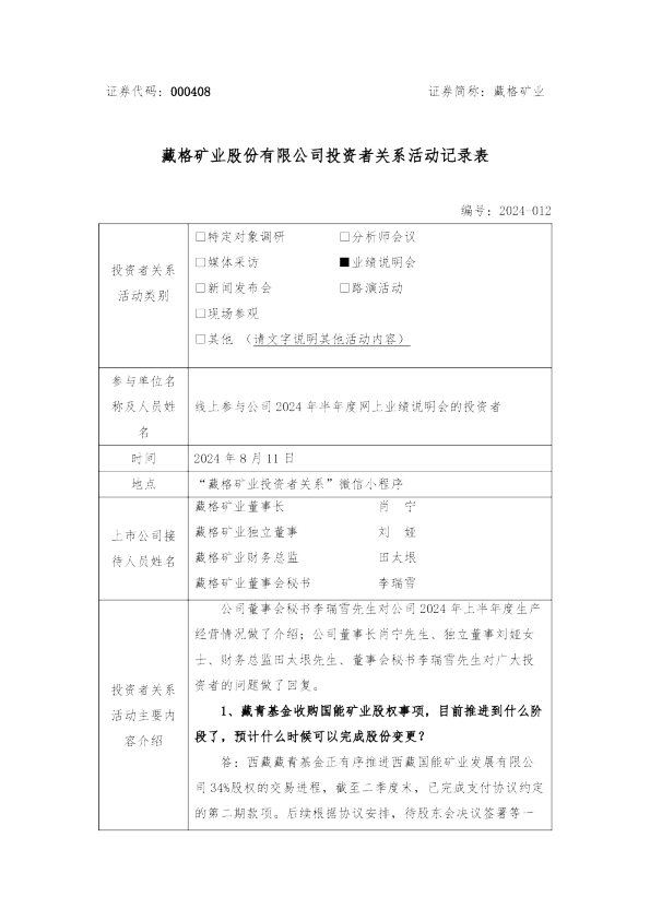 藏格矿业投资者关系管理信息