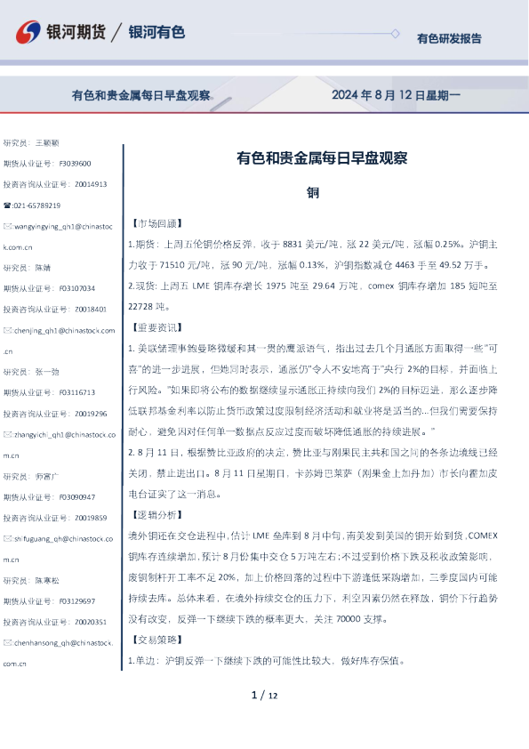 有色和贵金属每日早盘观察