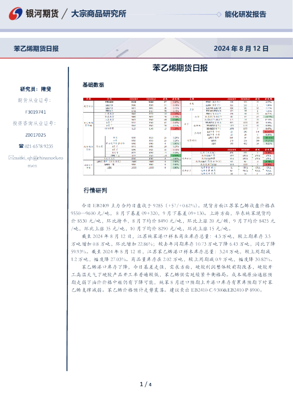 苯乙烯期货日报