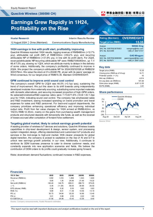 奎联无线(300590) 收益在 1H24 快速增长 , 盈利能力在上升