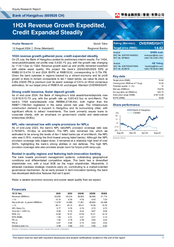 杭州银行(600926) 1H24 收入增速加快 ， 信贷稳步扩张