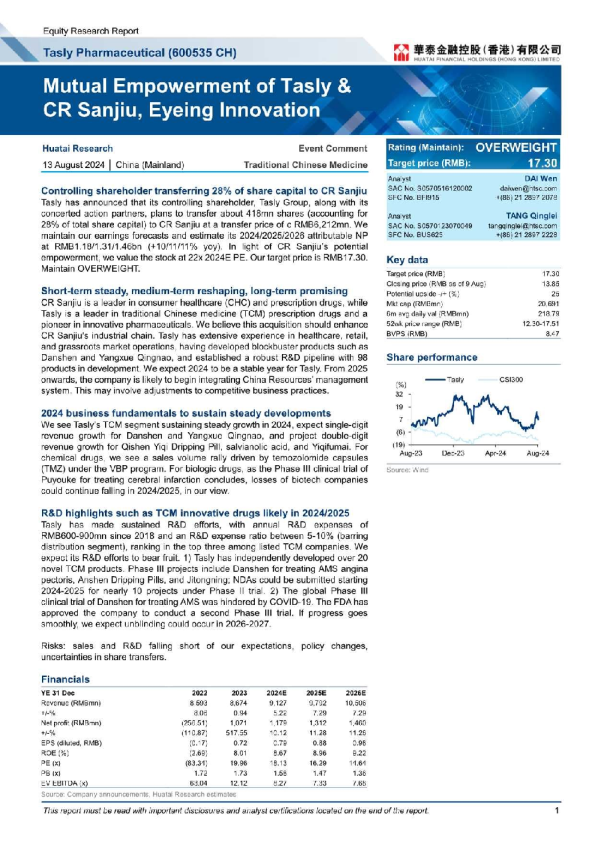 Tasly Pharmaceutical （600535） Mutual Empowerment of Tasly & CR Sanjiu， Eyeing Innovation