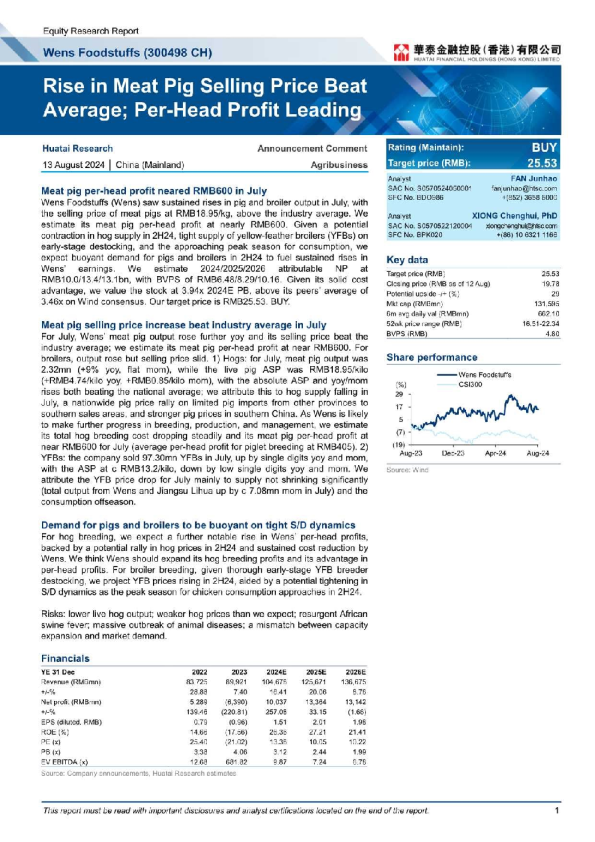 Wens Foodstuffs（300498）：Rise in Meat Pig Selling Price Beat  Average； Per~Head Profit Leading