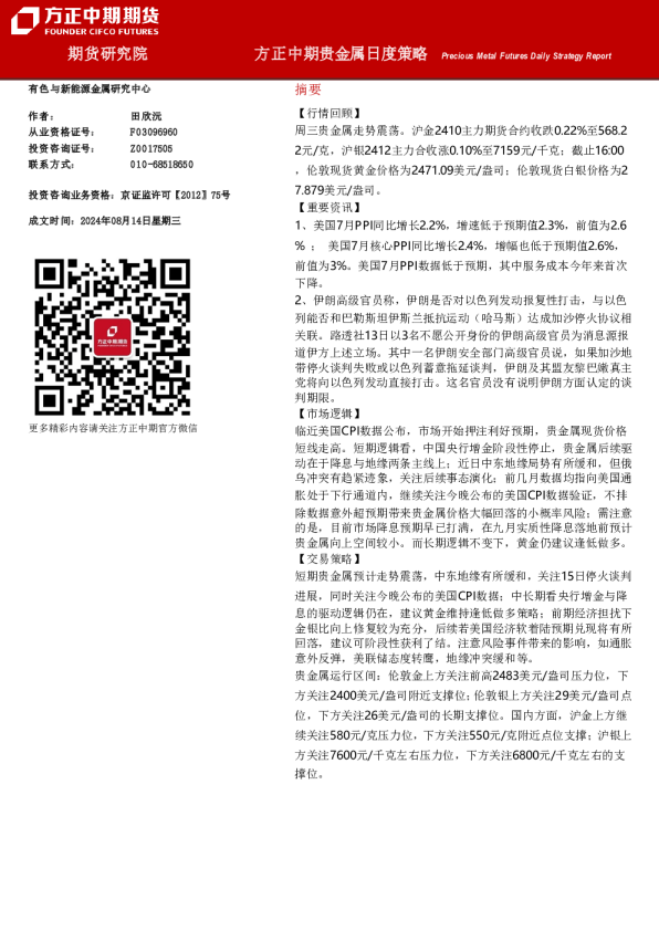 方正中期贵金属日度策略