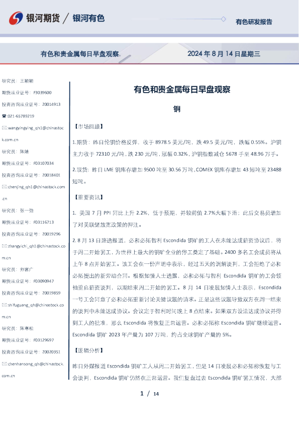 有色和贵金属每日早盘观察