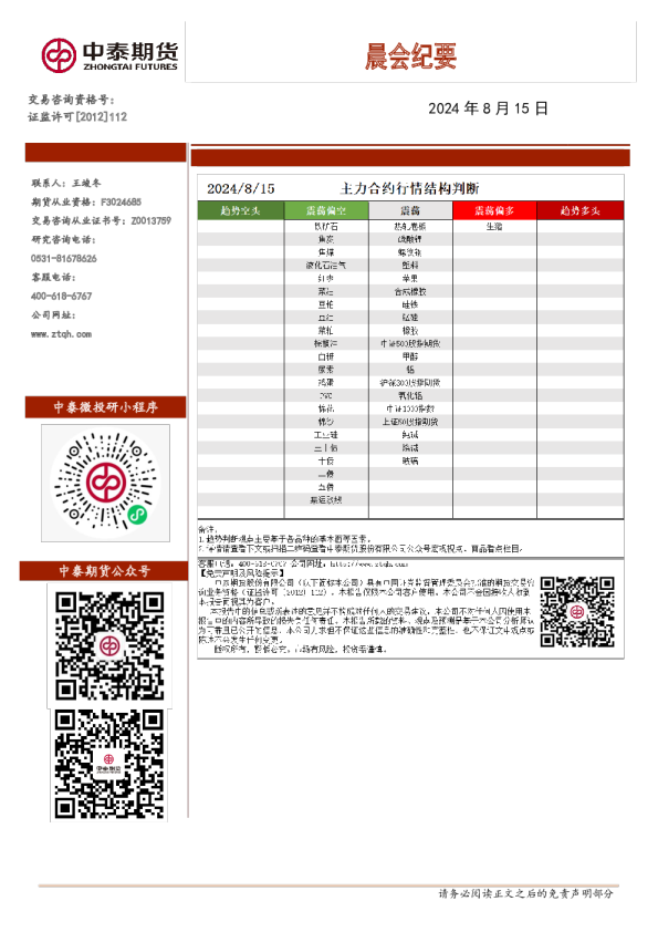 中泰期货晨会纪要