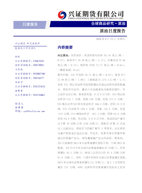 兴证期货原油日度报告