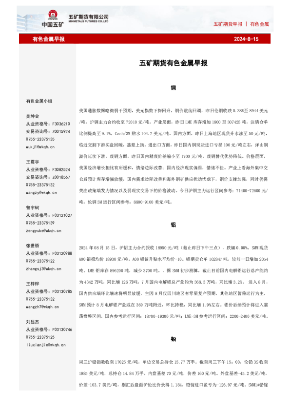 五矿期货早报有色金属