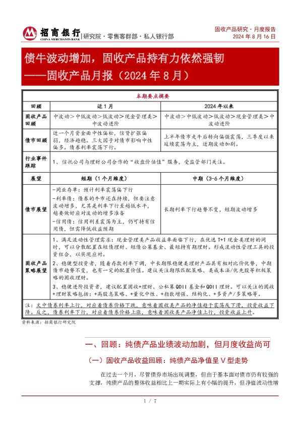 固收产品月报（2024年8月）：债牛波动增加，固收产品持有力依然强韧
