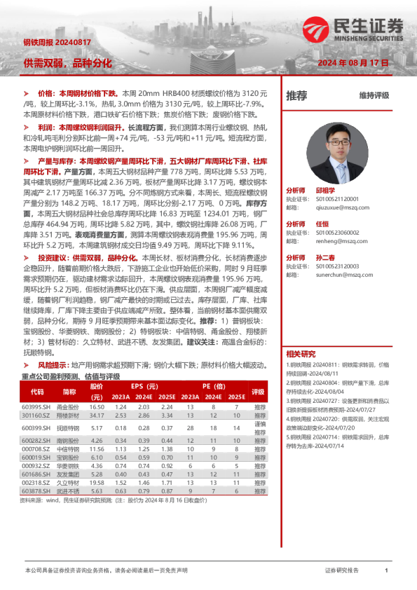 钢铁周报：供需双弱，品种分化