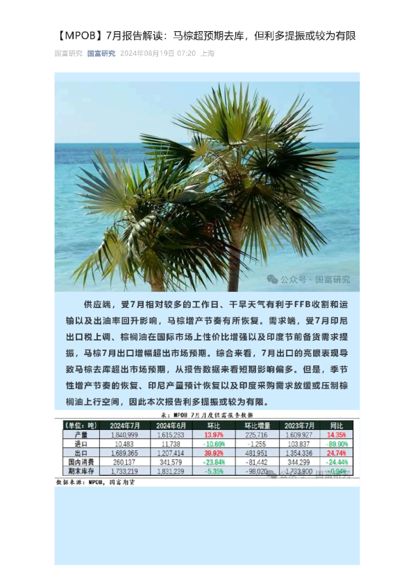 【MPOB】7月报告解读：马棕超预期去库，但利多提振或较为有限