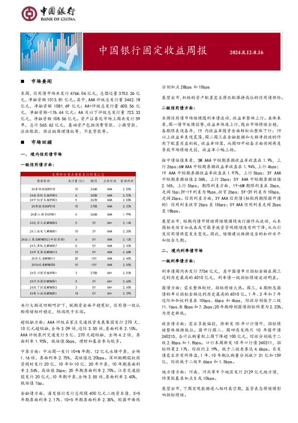固定收益周报2024年8月19日